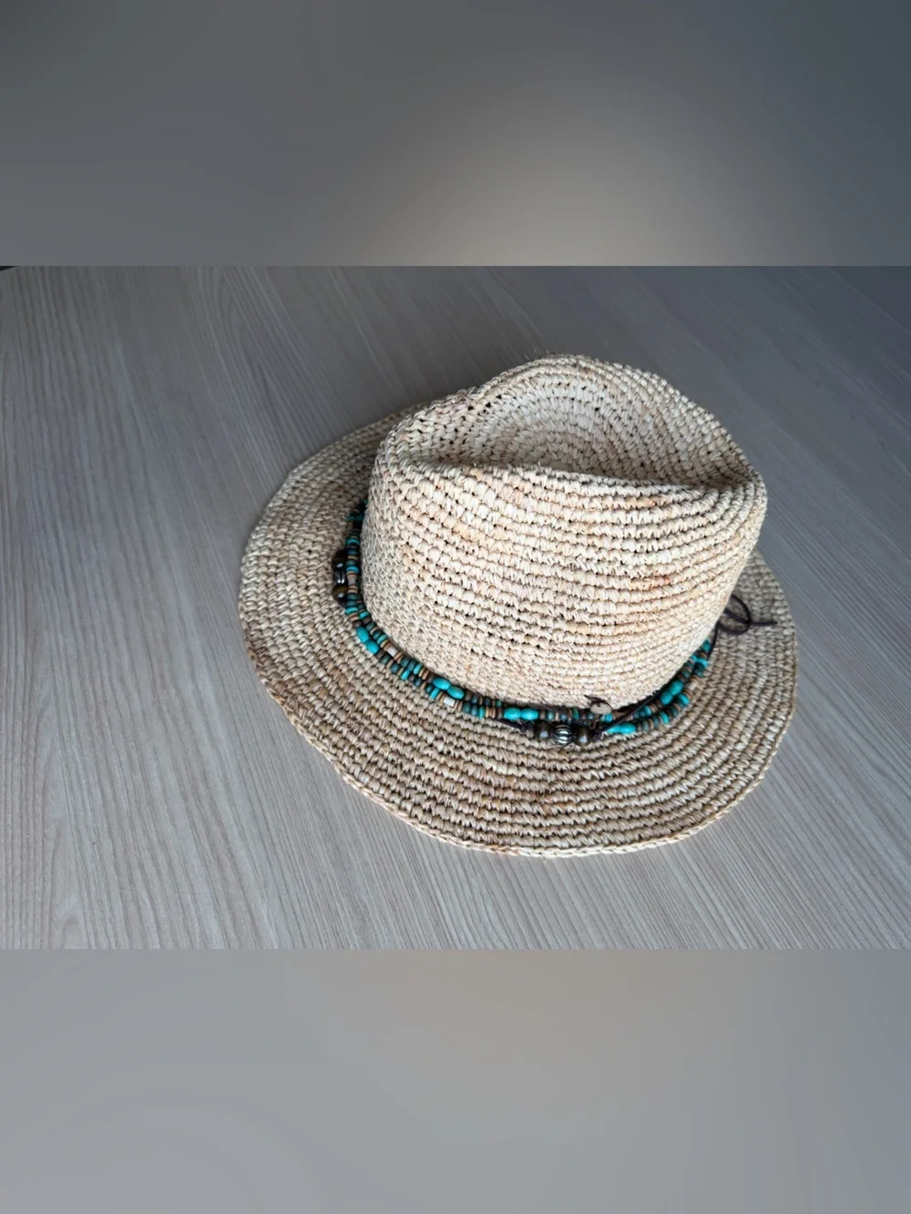 KOORINGAL 100% Raffia Sun Hat w/ Turquoise & Brown Bead 57 CM Bora Bora Safari